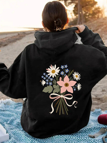 Women's Graphic Hoodie Hand Tied Pastel Blossom Bouquet With Garden Daisies And Leafy Stems