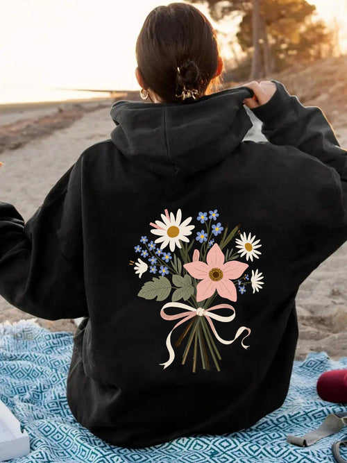 Women's Graphic Hoodie Hand Tied Pastel Blossom Bouquet With Garden Daisies And Leafy Stems