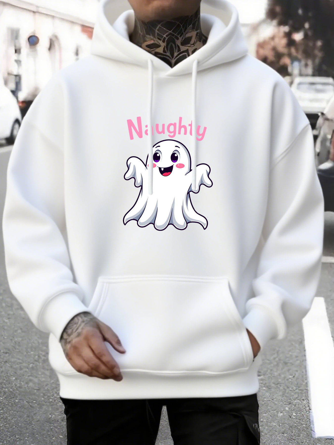 Men's Graphic Hoodie Naughty Cheerful Pink Lettering With Smiling Cartoon Halloween Ghost