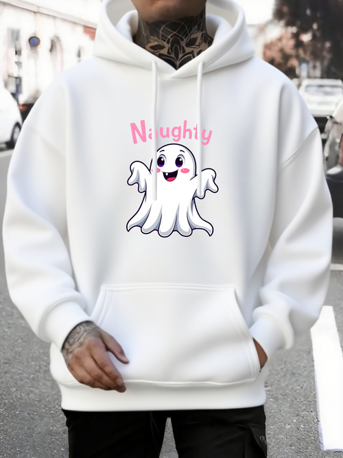 Men's Graphic Hoodie Naughty Cheerful Pink Lettering With Smiling Cartoon Halloween Ghost