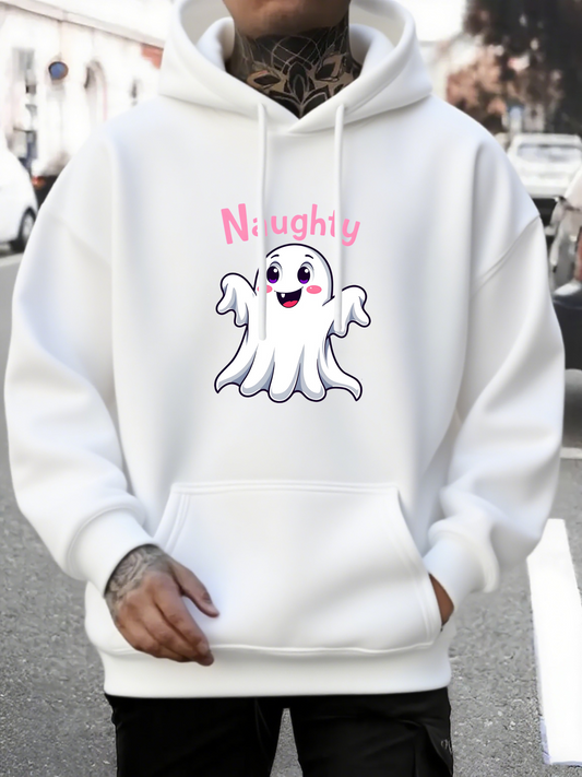 Men's Graphic Hoodie Naughty Cheerful Pink Lettering With Smiling Cartoon Halloween Ghost