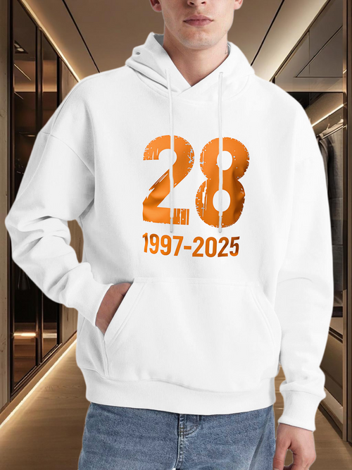 Men's Graphic Hoodie Bold Orange Numbers With Dates On Crisp White Hoodie