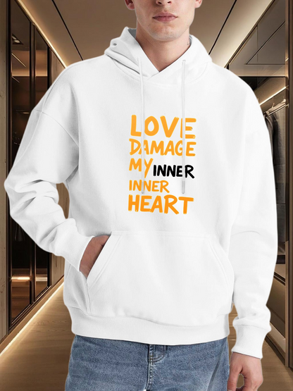 Men's Graphic Hoodie Love Damage My Inner Heart With Bold Yellow Lettered Statement Hoodie