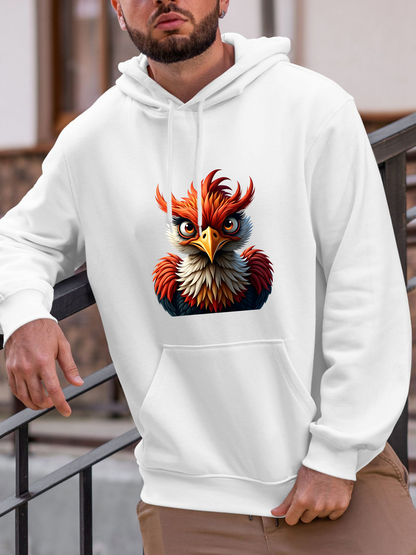 Men's Graphic Hoodie Fiery Feathers In Vibrant Colors Below Intense Eyes Majestic Rooster