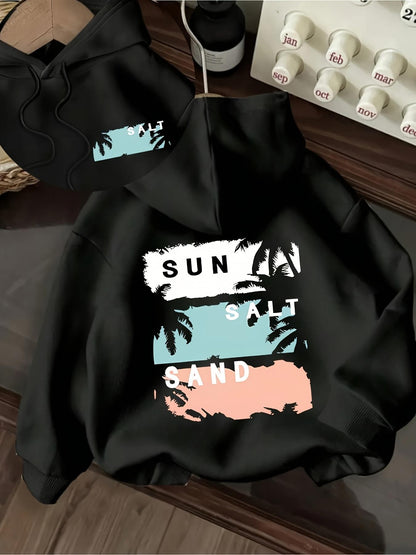 Women's Graphic Hoodie Sun Salt Sand With Palm Tree Silhouettes Over Pastel Colored Blocks Hoodie