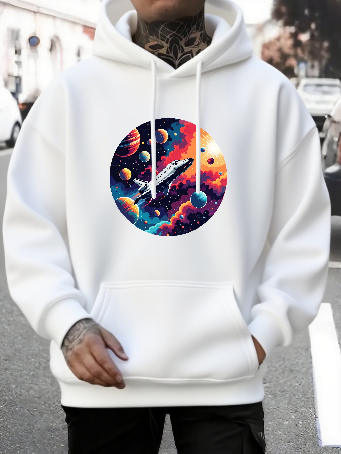 Men's Graphic Hoodie Colorful Cosmic Planets With Vivid Starlit Clouds And Rocket Spaceship