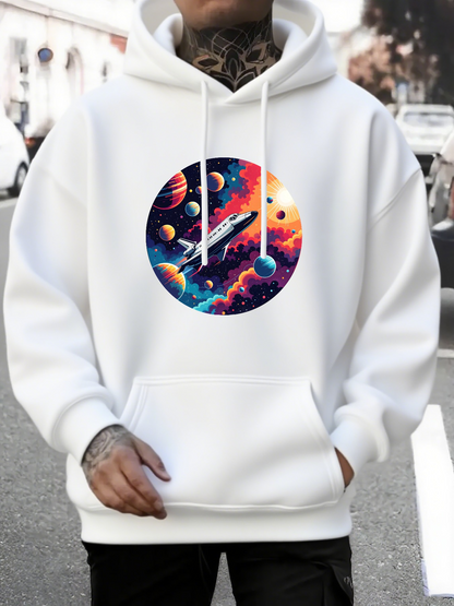 Men's Graphic Hoodie Colorful Cosmic Planets With Vivid Starlit Clouds And Rocket Spaceship