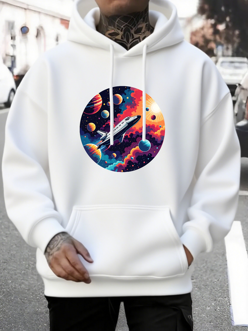 Men's Graphic Hoodie Colorful Cosmic Planets With Vivid Starlit Clouds And Rocket Spaceship