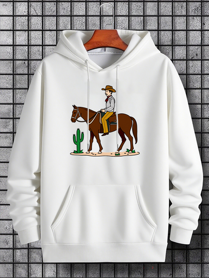 Men's Graphic Hoodie Cowboy With Cactus Among Desert Sunlight Riding A Strong Brown Horse