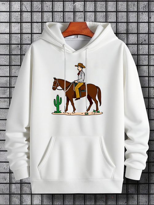 Men's Graphic Hoodie Cowboy With Cactus Among Desert Sunlight Riding A Strong Brown Horse
