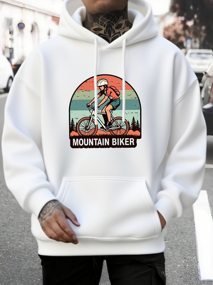 Men's Graphic Hoodie Mountain Biker Riding Through Colorful Sunset Mountainscape