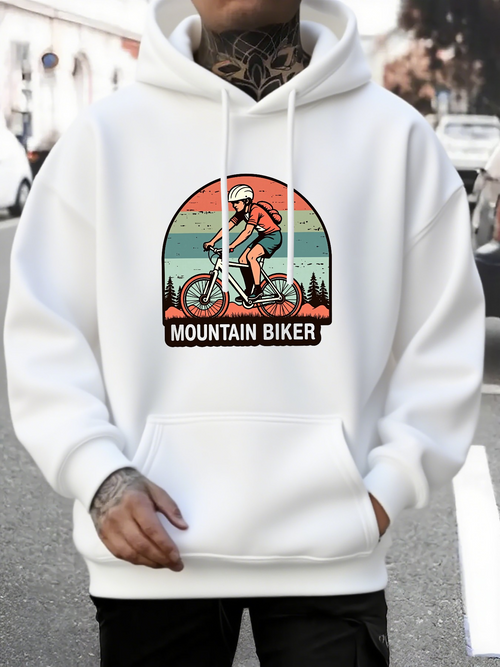 Men's Graphic Hoodie Mountain Biker Riding Through Colorful Sunset Mountainscape