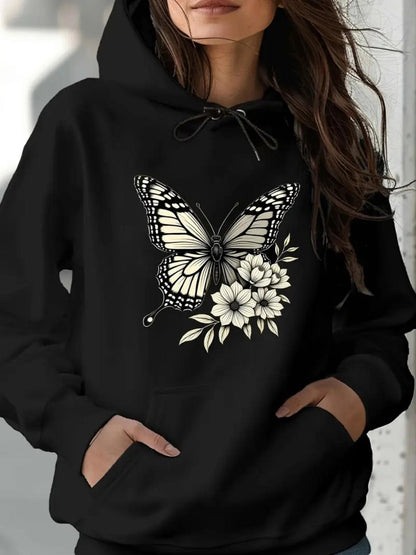 Women's Graphic Hoodie Delicate Floral Accents With Resting Butterfly Under Soft Sunlight Butterfly