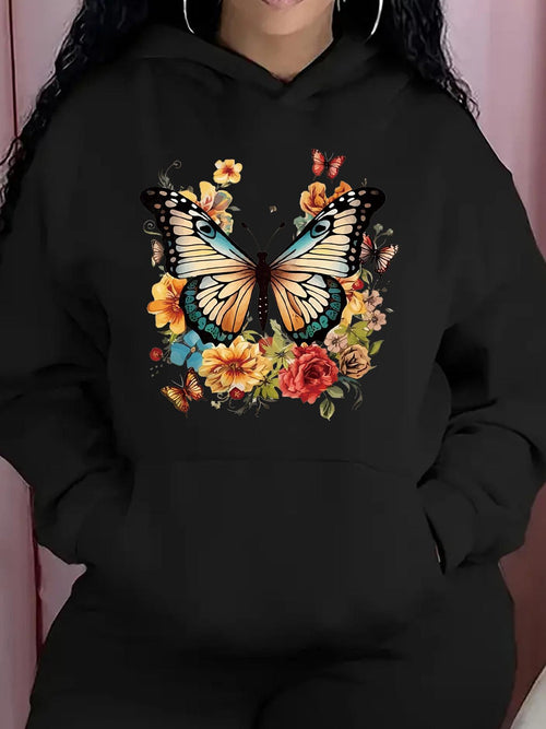 Women's Graphic Hoodie Blooming Flowers With Colorful Butterfly In A Radiant Garden Butterfly