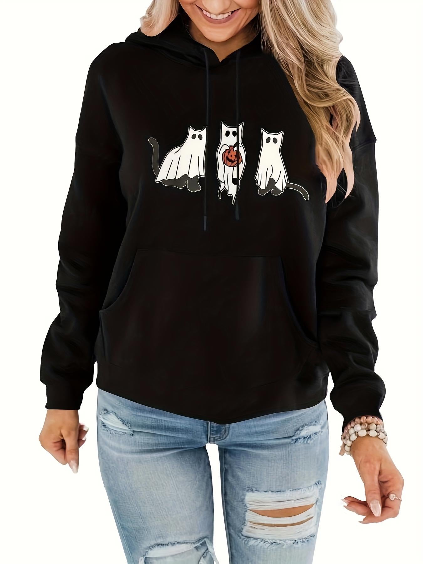 Women's Graphic Hoodie Playful White Ghostly Cats With Heart And Cartoon Style Hoodie