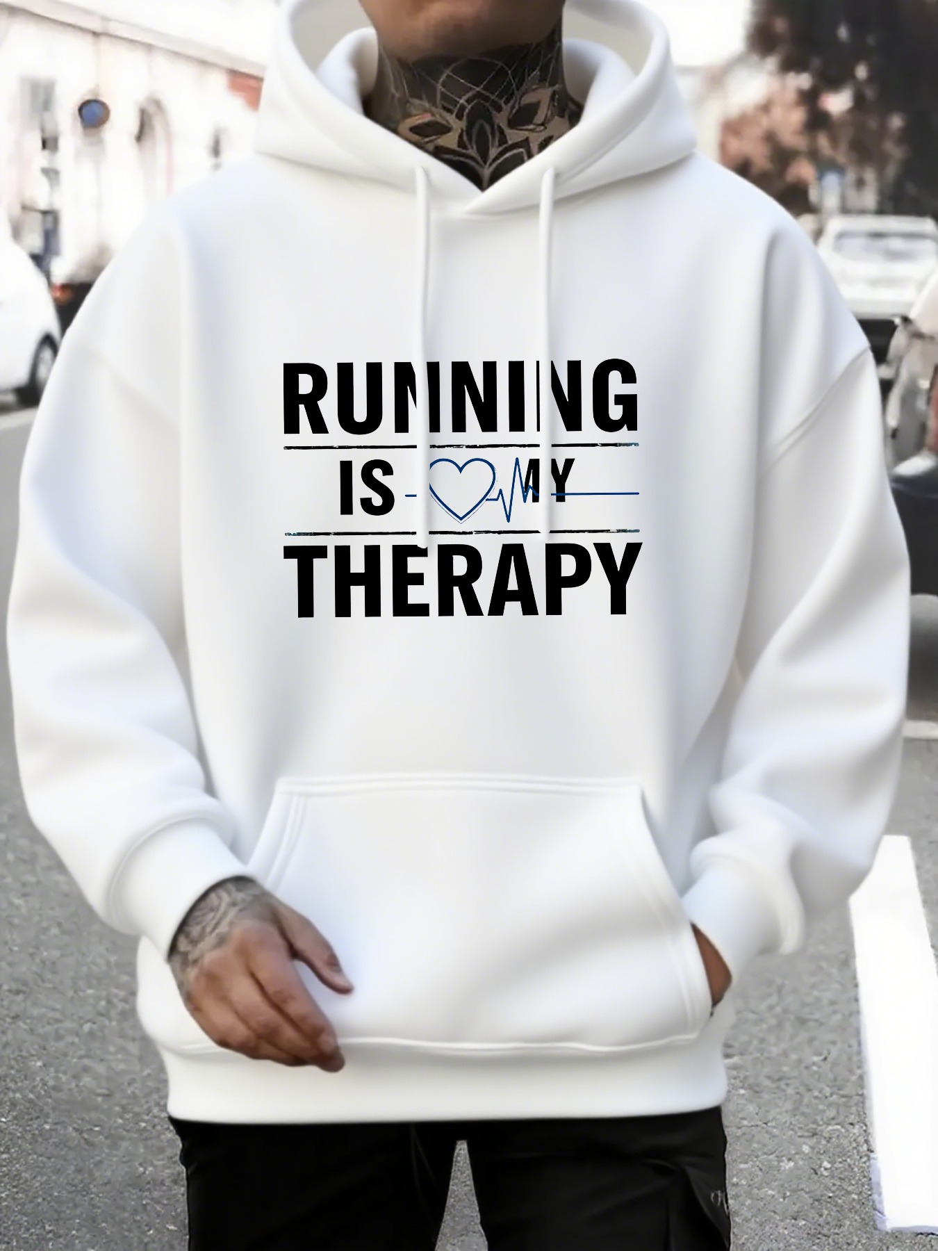Men's Graphic Hoodie Running Is My Therapy Bold Letters Heart Symbol Hoodie