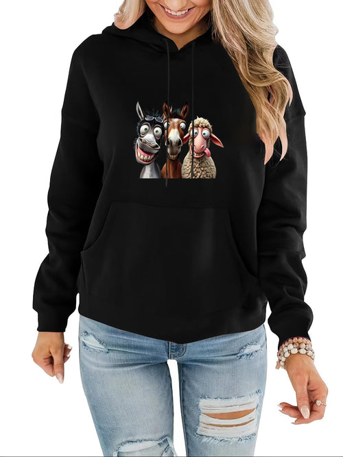 Women's Graphic Hoodie Playful Farmyard Laughter Among Cheerful Animals Under Sunlit Day Goat