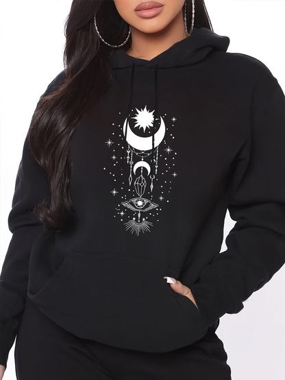 Women's Graphic Hoodie Celestial Night With Crescent Moon Stars And Mystical Third Eye Symbol