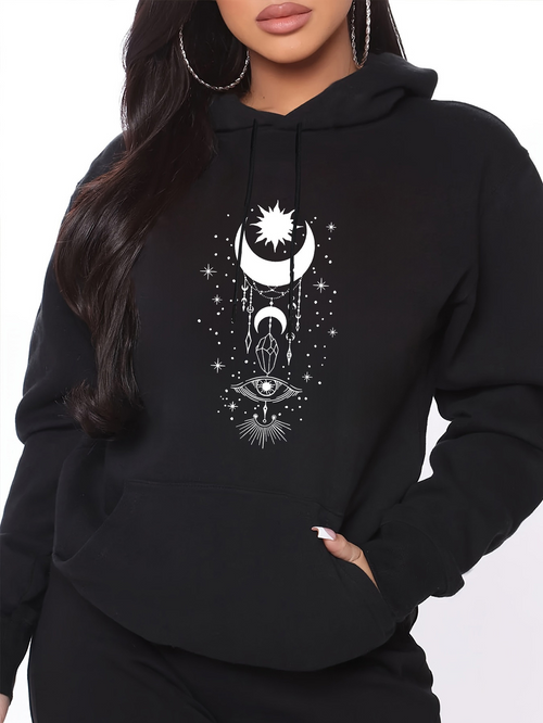 Women's Graphic Hoodie Celestial Night With Crescent Moon Stars And Mystical Third Eye Symbol