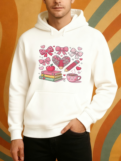 Men's Graphic Hoodie Stacked Books Surrounded By Pink Ribbons Hearts Sweets Cute Teacup Bows Pen