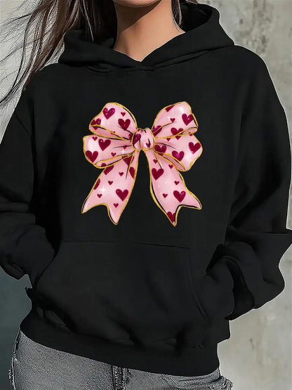 Women's Graphic Hoodie Delicate Pink Ribbon With Patterned Hearts Centered Charming Bow