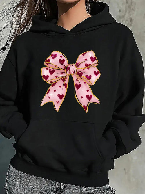 Women's Graphic Hoodie Delicate Pink Ribbon With Patterned Hearts Centered Charming Bow