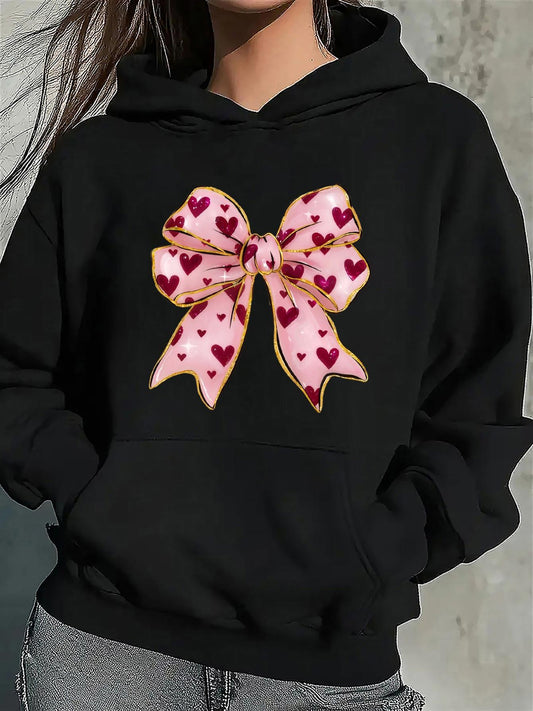 Women's Graphic Hoodie Delicate Pink Ribbon With Patterned Hearts Centered Charming Bow