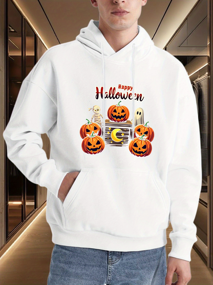 Men's Graphic Hoodie Happy Halloween Pumpkins With Smiling Faces And Glowing Ghosts Surrounded By Trick Or Treat Candy Halloween