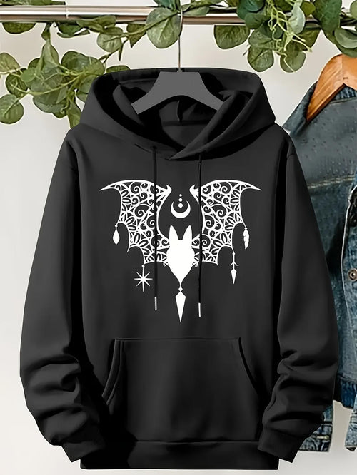 Women's Graphic Hoodie Intricate Ethereal Filigree Accents With Celestial Winged Bat Motif Hooded Sweatshirt