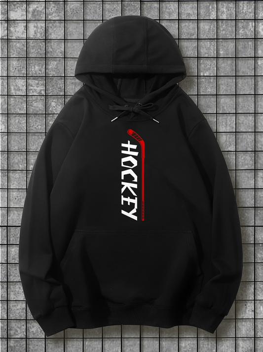 Men's Graphic Hoodie White Hockey Stick With Red Dot Over Black Hoodie