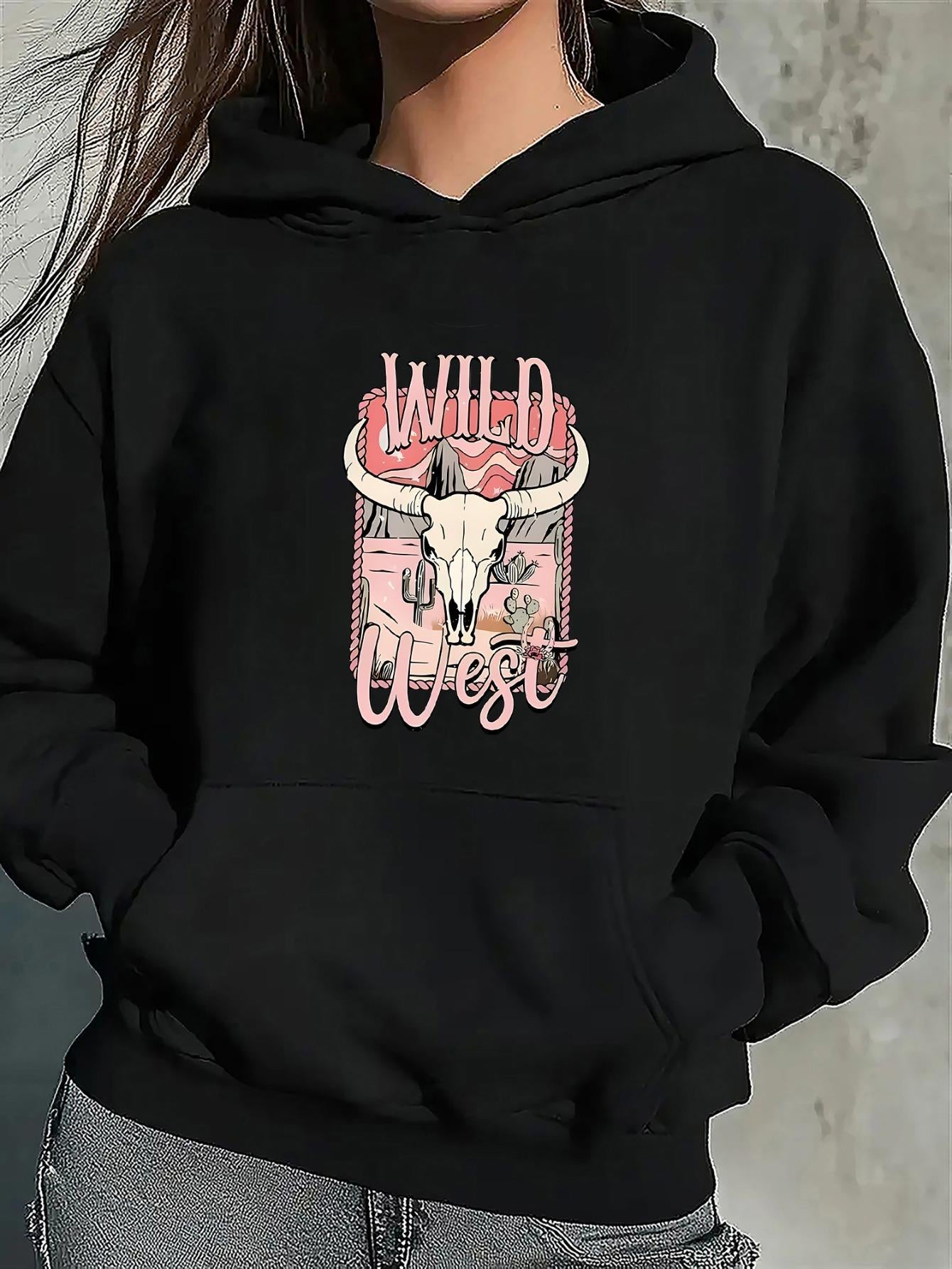 Women's Graphic Hoodie Wild West Vintage Skull With Flowers Among Cactus Desert Sunset Steer Head