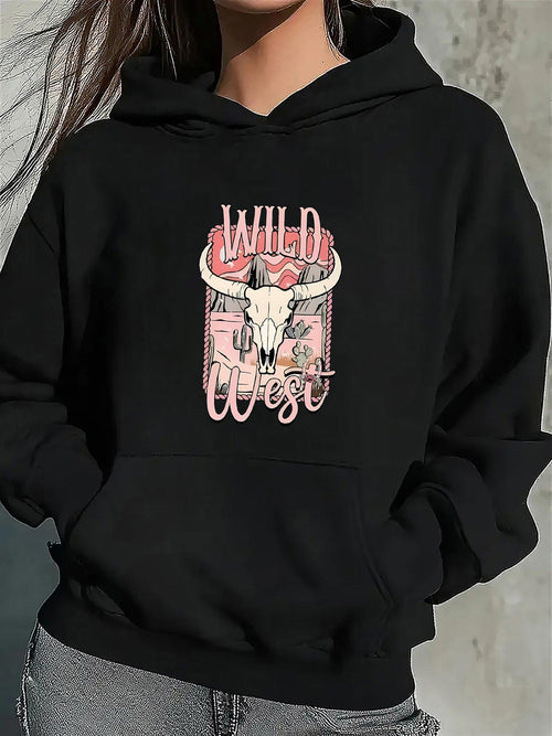 Women's Graphic Hoodie Wild West Vintage Skull With Flowers Among Cactus Desert Sunset Steer Head