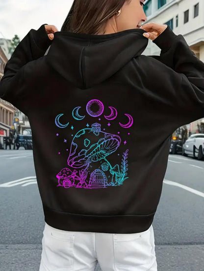 Women's Graphic Hoodie Colorful Glowing Mushrooms Under Crescent Moons And Starry Sky Mushroom