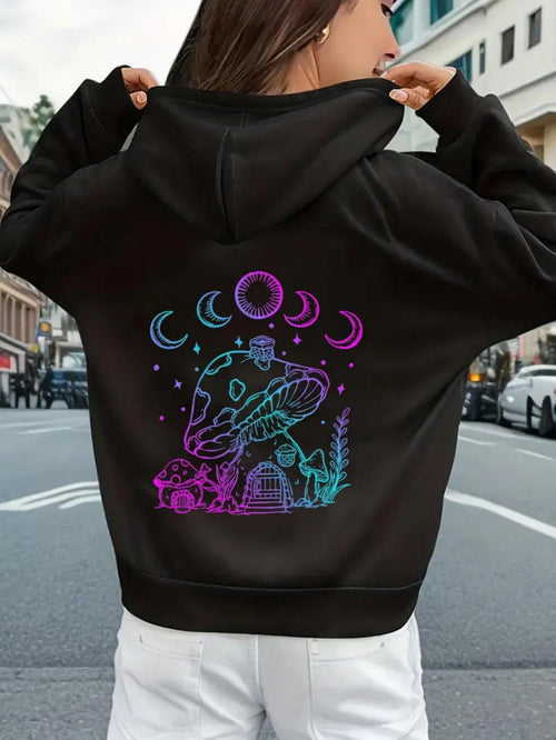 Women's Graphic Hoodie Colorful Glowing Mushrooms Under Crescent Moons And Starry Sky Mushroom