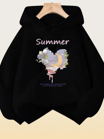 Women's Graphic Hoodie Summer Dreamlike Clouds With Blossoms And Pastel Heart Motif