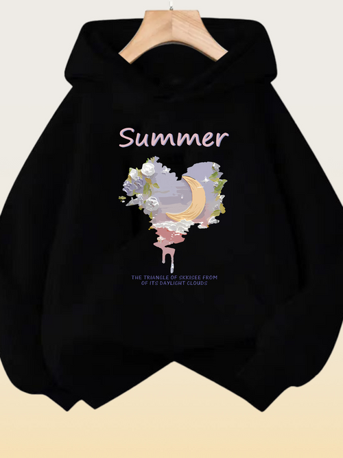 Women's Graphic Hoodie Summer Dreamlike Clouds With Blossoms And Pastel Heart Motif