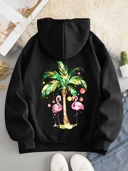 Women's Graphic Hoodie Tropical Palm Tree With Pink Flamingos Among Colorful Fruits