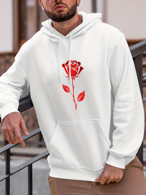 Men's Graphic Hoodie Minimalist Red Petals In Bloom With Single Stemmed Rose