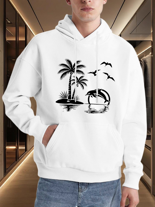 Men's Graphic Hoodie Peaceful Island With Palm Trees Birds And Sunset Over Water