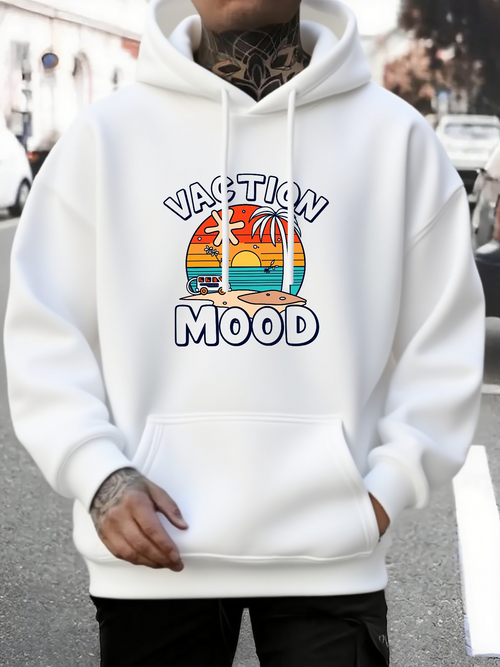 Men's Graphic Hoodie Vacation Mood Rainbow Sunset With Palm Trees And Seaside Under Blue Sky Beach