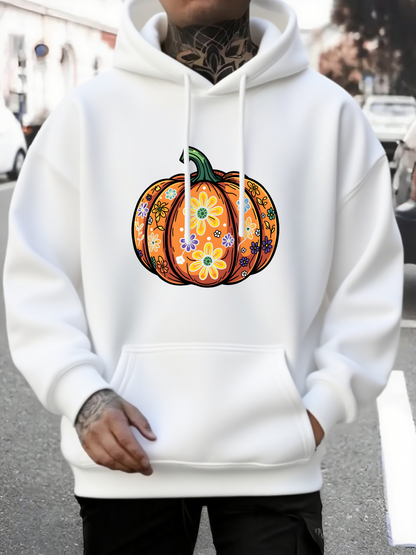 Men's Graphic Hoodie Floral Patterns With Vibrant Decorative Accents On Festive Pumpkin