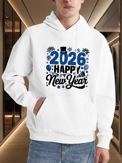 Men's Graphic Hoodie Happy 2026 Blue Fireworks With Party Confetti Surrounding New Year