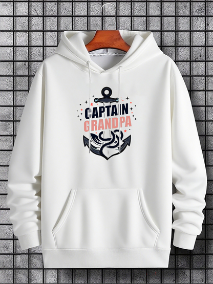 Men's Graphic Hoodie Captain Grandpa Nautical Anchor With Waves Under Festive Confetti Design