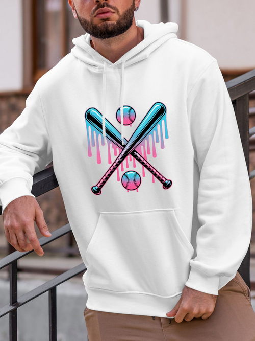 Men's Graphic Hoodie Bright Neon Dripping Effect Over Crossed Bats And Baseball