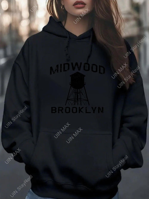 Women's Graphic Hoodie Midwood Brooklyn Graphic With Tower Under City Skyline