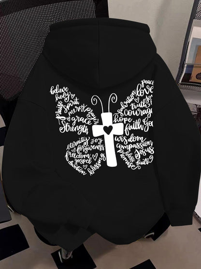 Women's Graphic Hoodie Grace Strength Faith Hope With Christian Cross Butterfly