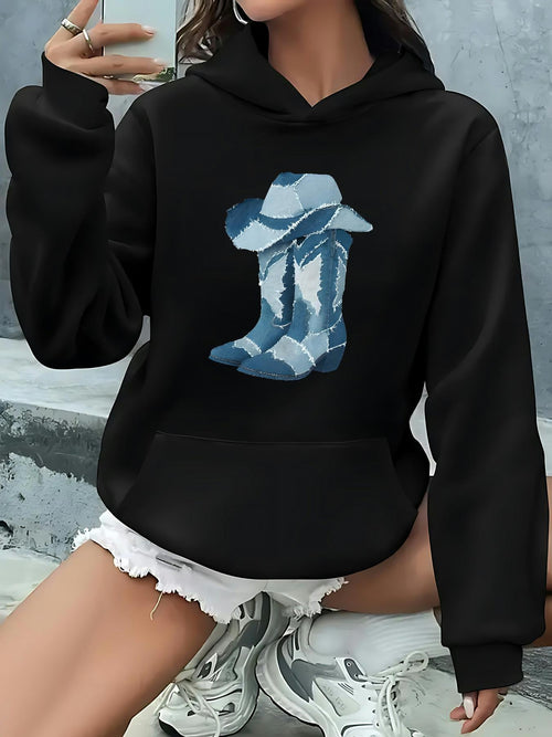 Women's Graphic Hoodie Blue Patterned Boots And Hat Graphic Western Cowboy Hat