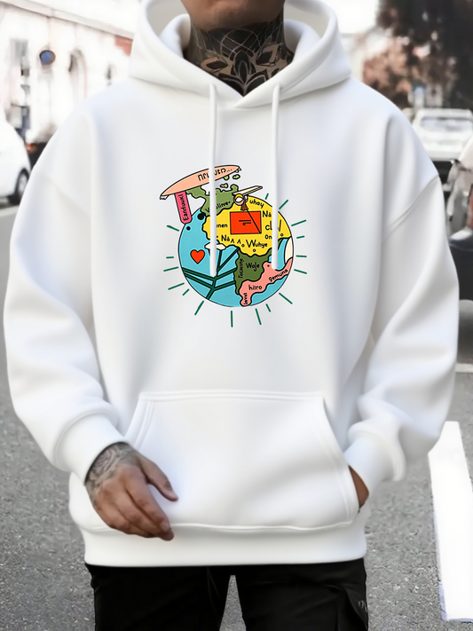 Men's Graphic Hoodie Pizza Slice With Melting Cheese Over Blue Globe Earth