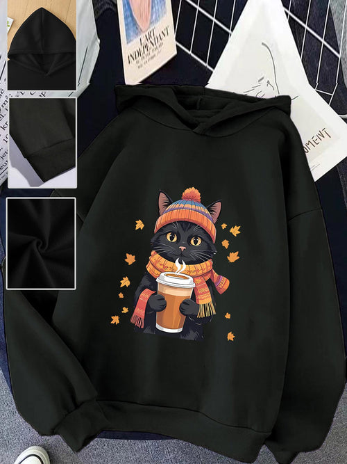 Women's Graphic Hoodie Cozy Autumn Leaves With Scarf And Warm Coffee Cat