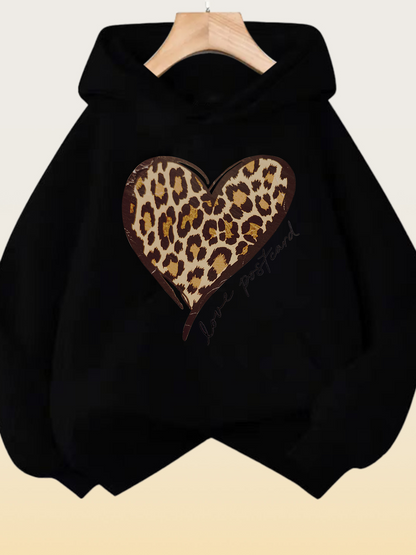 Women's Graphic Hoodie Leopard Print Patterned Heart With Bold Black Hoodie Centerpiece Heart